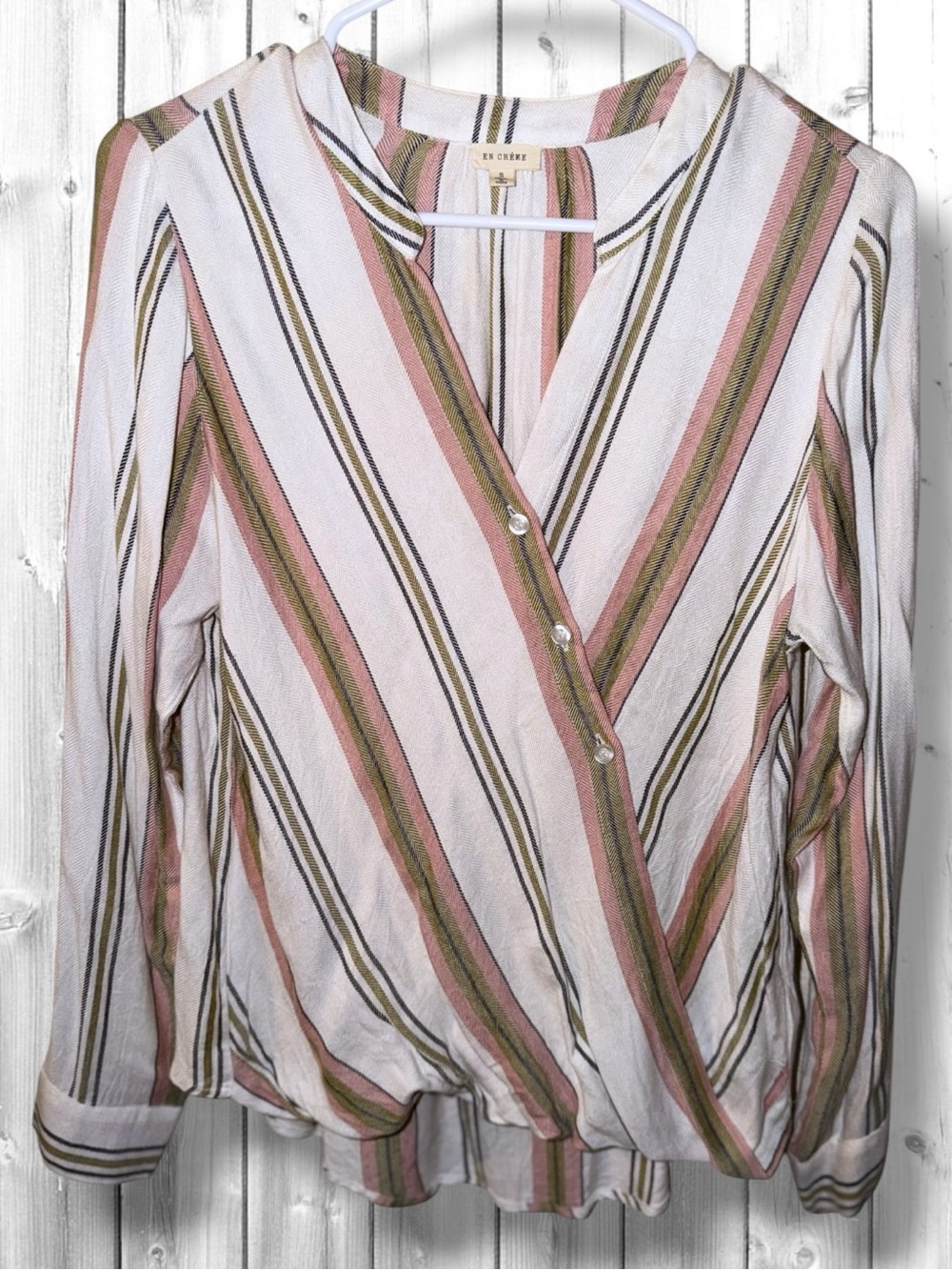 🌼En Creme Striped Button Wrap Blouse in Pink, Olive, and White